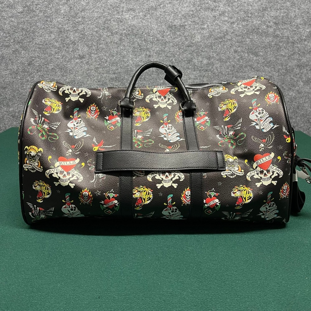 Ed Hardy Duffle Bag Black Tattoo Flash Print Vegan Leather Laptop Sleeve Travel - Picture 3 of 12